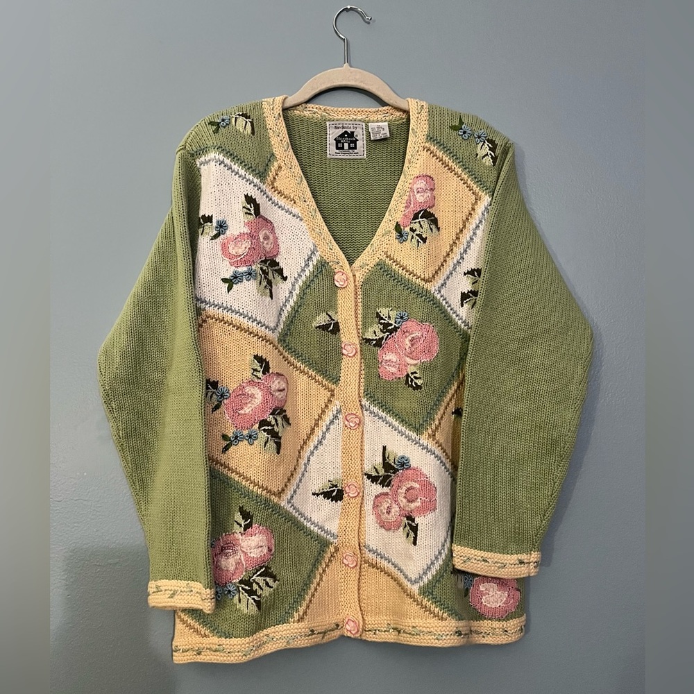 Storybook Knits Green and Cream Floral Cardigan